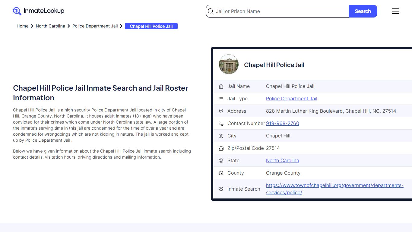 Chapel Hill Police Jail Inmate Search and Jail Roster Information